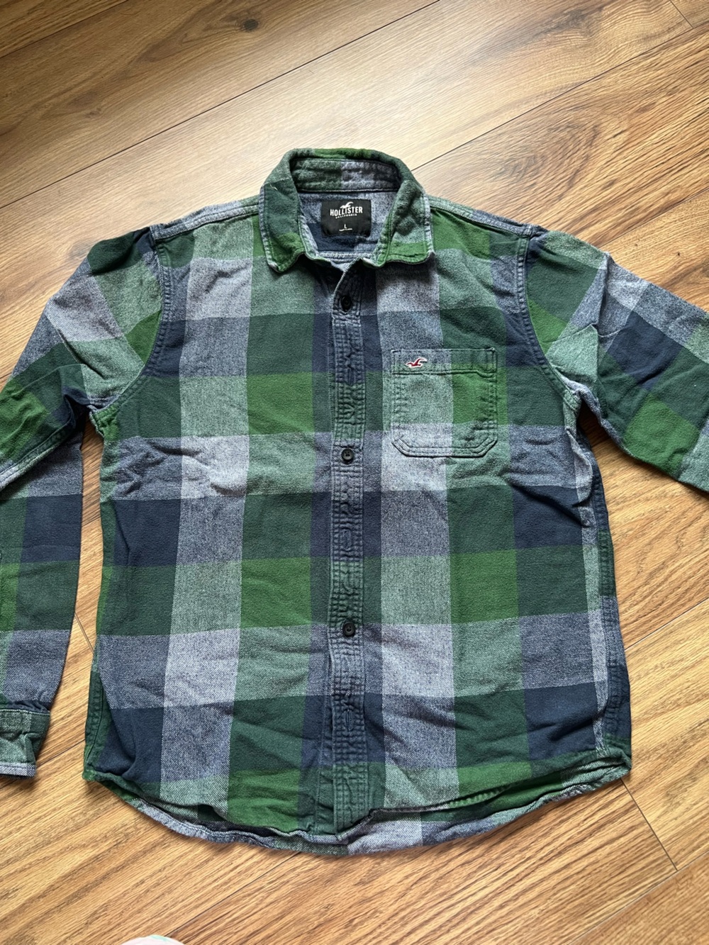 Hollister Men's Green Blue Buffalo Plaid Flannel Button Down Shirt Large